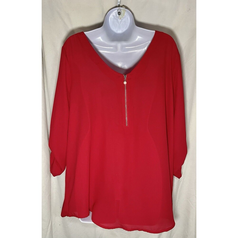 Peck & Peck Essentials Top Women's Large Red V-Neck 3/4 Sleeve Stretch Tunic